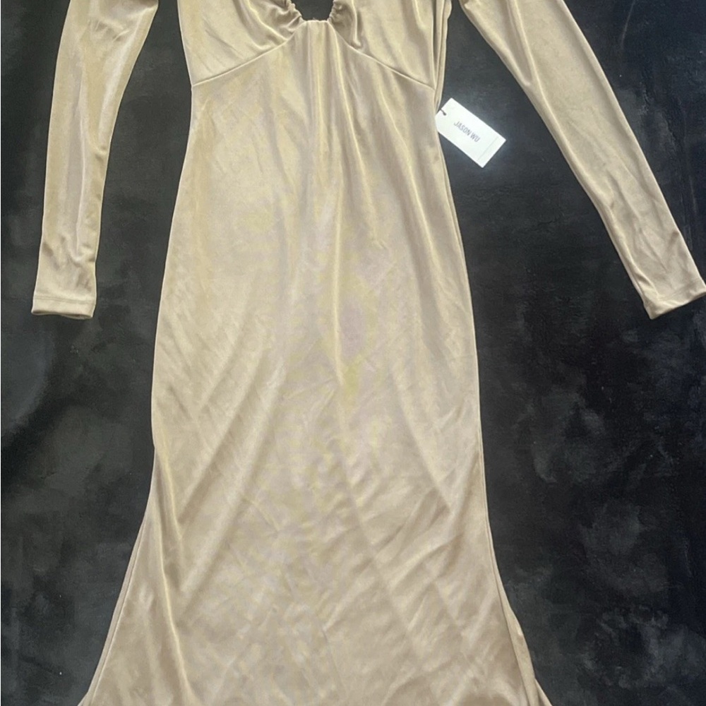 Jason Wu Tan Gold Plunge Neck Maxi Sexy Dress